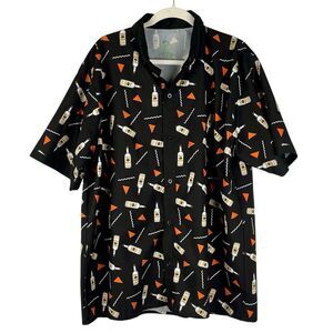 F.S.P. Black Button Down Tito's Handmade Vodka Bottles Geometric Shapes Short Sl